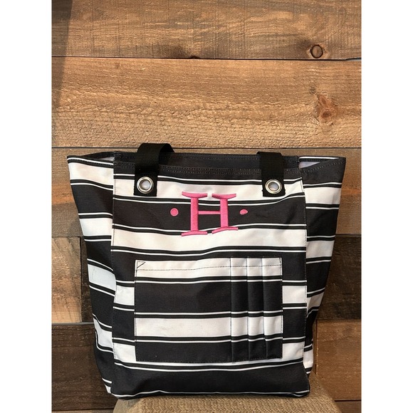 Thirty One Black & White Striped Zipper Logo Organizing Tote "H" Initial - Picture 1 of 7